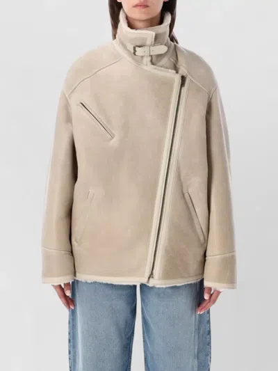 Isabel Marant Adelina Shearling Coat High Collar Buckle In Neutral