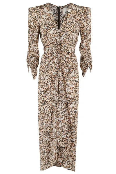 Isabel Marant Pleated Printed Dress In Ochre Ecru