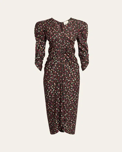Isabel Marant Albini Polka-dot Ruched-sleeve Midi Dress In Multi