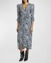 Isabel Marant Albini Gathered Printed Silk-blend Midi Dress In Midnightwhite