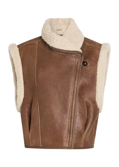 Isabel Marant Alime Shearling-trimmed Leather Sleeveless Jacket In Brown