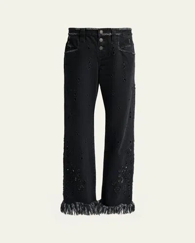 Isabel Marant Amia Distressed Eyelet Straight-leg Denim Pants In Black