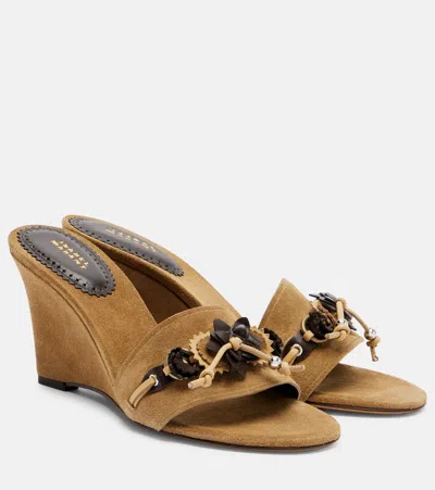 Isabel Marant Anee Embellished Suede Wedge Mules In Brown