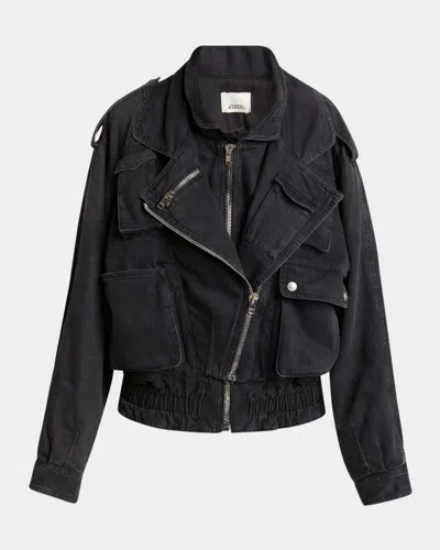 Isabel Marant Aneli Asymmetric Double Denim Bomber Jacket In Faded Black