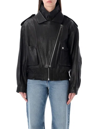 Isabel Marant Aneli Leather Bomber Jacket Long Sleeves In Black