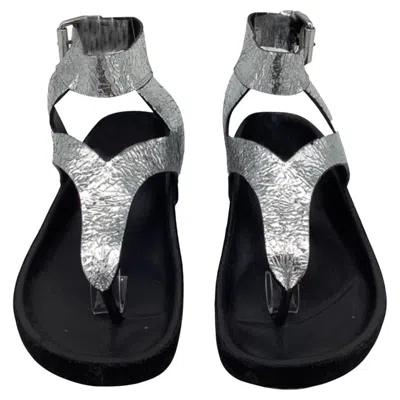 Pre-owned Isabel Marant Ankle Strap Flat Sandals In Metallic Silver Leather In Black