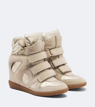 Isabel Marant Bekett Metallic Leather And Suede Wedge Sneakers In Beige