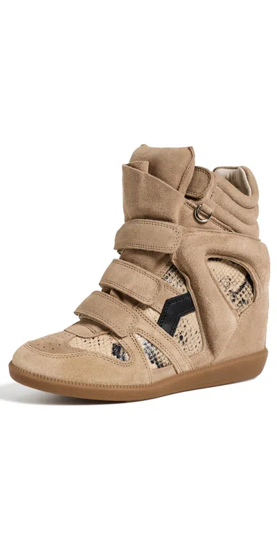 Isabel Marant Bekett Suede-trimmed Snake-effect Leather Wedge Sneakers In Brown