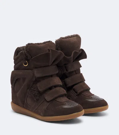 Isabel Marant Bekett Shearling-lined Suede Wedge Sneakers In Brown