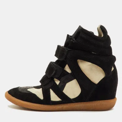 Pre-owned Isabel Marant Bekett Size 38 Black/off White Suede And Canvas Wedge Sneakers