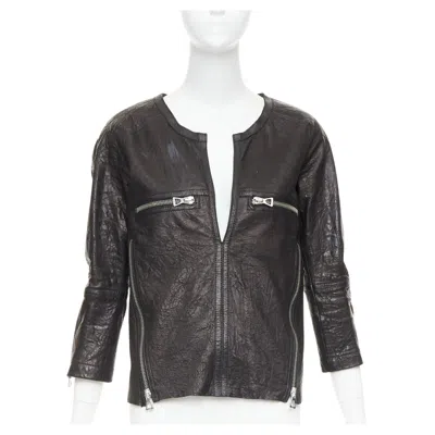 Pre-owned Isabel Marant Black Crinkled Leather Biker Zip Pullover Jacket Fr1 S