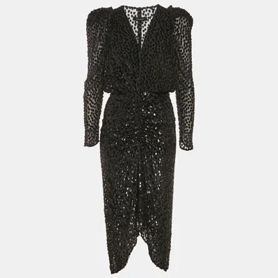 Pre-owned Isabel Marant Black Dot Devore Plunge Neck Ruched Midi Dress M