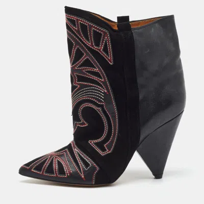 Pre-owned Isabel Marant Black Embroidered Suede And Leather Betty Ankle Boots Size 38