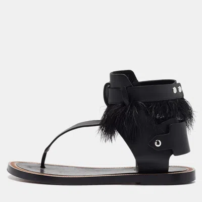 Pre-owned Isabel Marant Black Leather And Feather Trim T-strap Sandals Size 38