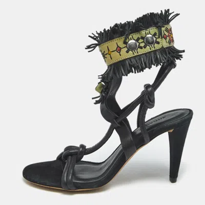 Pre-owned Isabel Marant Black Leather And Suede Fringe Detail Ankle Strap Sandals Size 36
