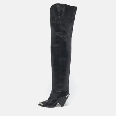 Pre-owned Isabel Marant Black Leather Thigh High Wedge Boots Size 38