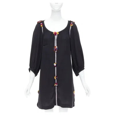 Pre-owned Isabel Marant Black Multicolour Pompom Trim Boho Dress Sz.1 S
