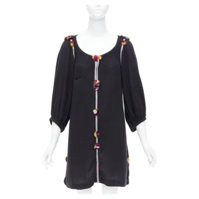 Pre-owned Isabel Marant Black Multicolour Pompom Trim Boho Dress Sz.1 S