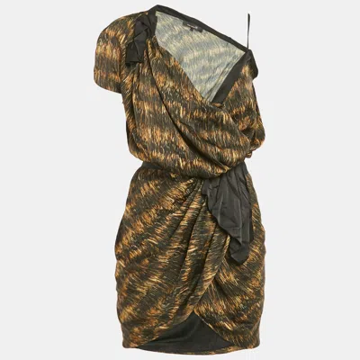 Isabel Marant Black Printed Satin Asymmetric Wrap Mini Dress In Multi
