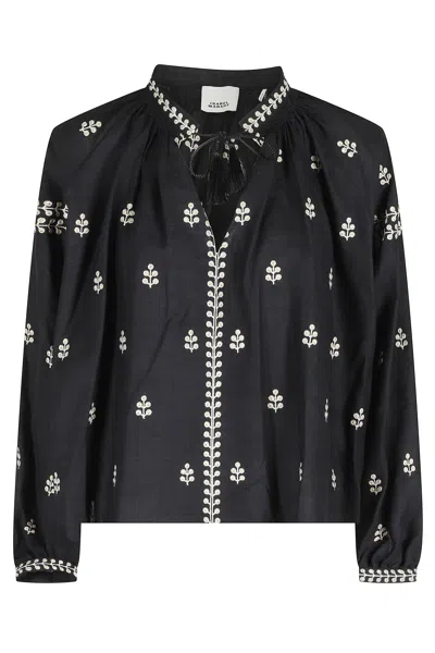 Isabel Marant Black Rodis Gb Embroidered Deep V-neck Silk Blouse