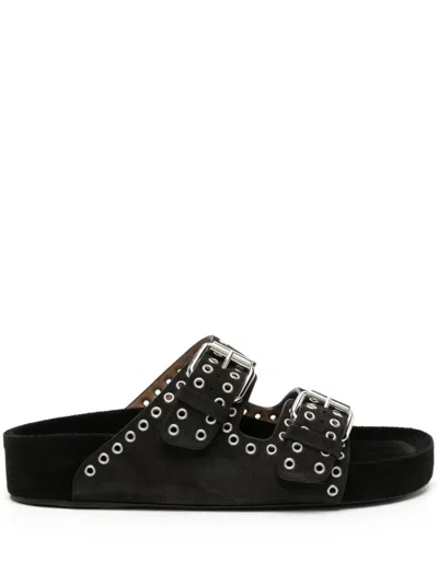 Isabel Marant Black Suede Leather Sandals With Eyelet Detailing And Double Buckle Fastening