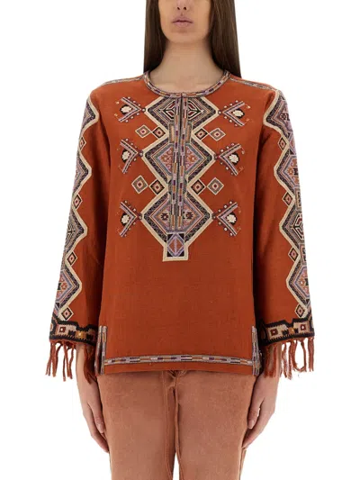 Isabel Marant Orange Silk Zelda Blouse In Animal Print
