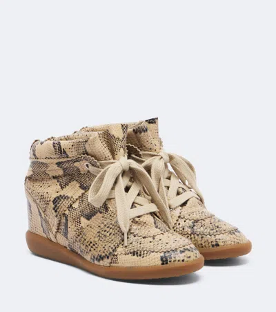 Isabel Marant Bobby Snake-effect Leather Wedge Sneakers In Beige