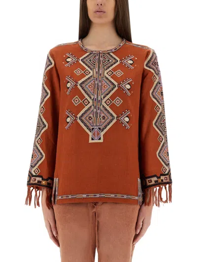 Isabel Marant Brown Embroidered Round Neck Top In Multi