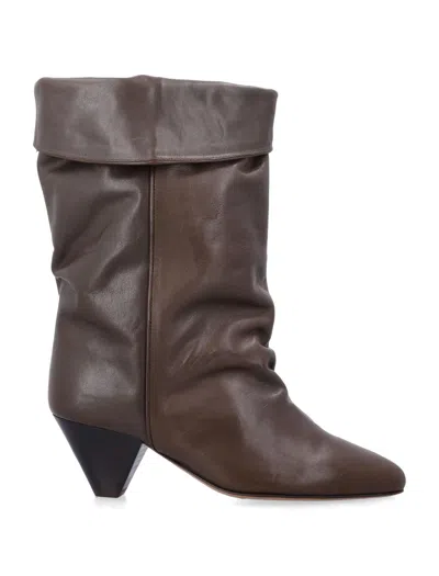 Isabel Marant Calfskin Western-style Pointed-toe Boots With Folded-cuff Draped Shaft & Stacked Cone  In Dark Bronze
