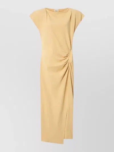 Isabel Marant Cap Sleeve Midi Dress Ruched Ruffle Slit In Gold