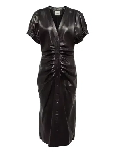 Isabel Marant Carly Button-up Ruched Leather Midi Dress In Black