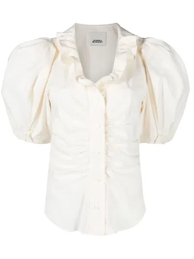 Isabel Marant Ruffle-neck Ruched Blouse In Neutrals