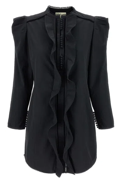 Isabel Marant Chantal Dress Button Detail Puff Sleeves Ruffles In Black