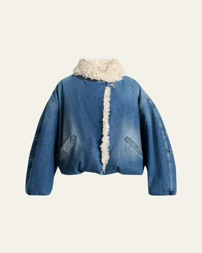 Isabel Marant Charone Short Denim Jacket With Faux Fur Trim In Blue