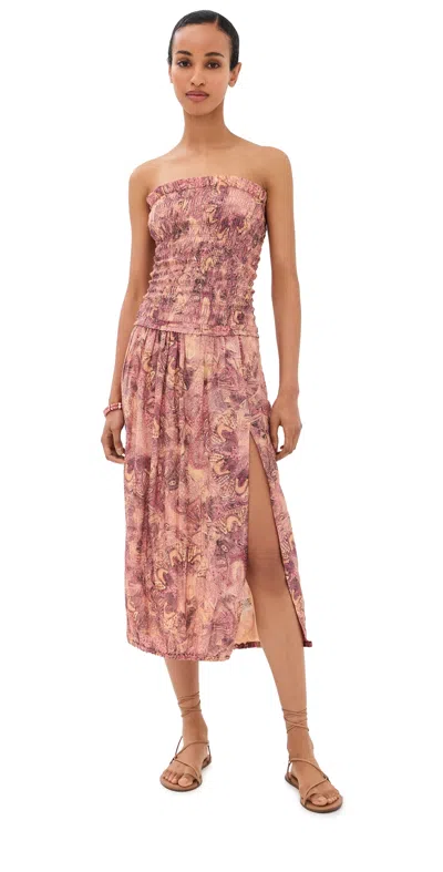 Isabel Marant Cleane Print Smocked Strapless Silk Midi Dress In Pink