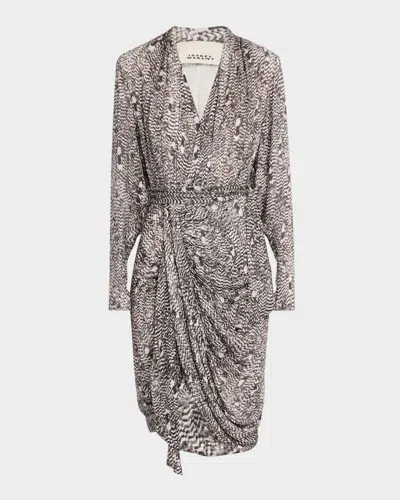 Isabel Marant Cleora Feather-print Wrap Dress In Blackecru