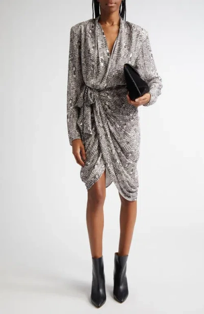 Isabel Marant Cleora Print Draped Long Sleeve Silk Blend Dress In Black/ecru