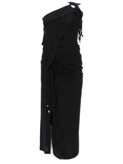 Isabel Marant One Shoulder Midi Dress Drape Ruffle Buttons In Black