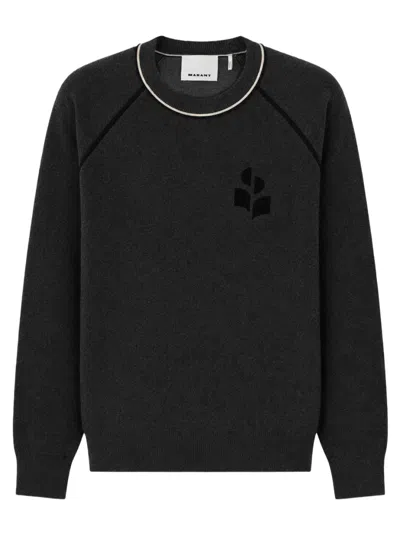 Isabel Marant Crew Neck Grey Knitwear Sweater With Textured Emblem In Black