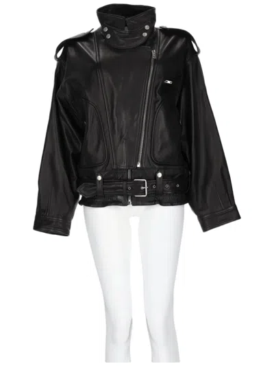 Isabel Marant Cropped Black Lamb Leather Jacket With Asymmetrical Zipper And Structured Detail