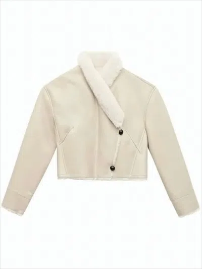 Isabel Marant Cropped Lambskin Coat With Plush Shearling Collar In White