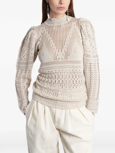 Isabel Marant Dahara Pointelle-knit Puffed-sleeve Sweater In Neutral