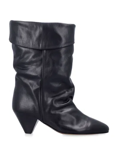 Isabel Marant Dalby Western-inspired Calfskin Boots With Folded Cuff, Pointed Toe & Leather Cone Hee In Nero