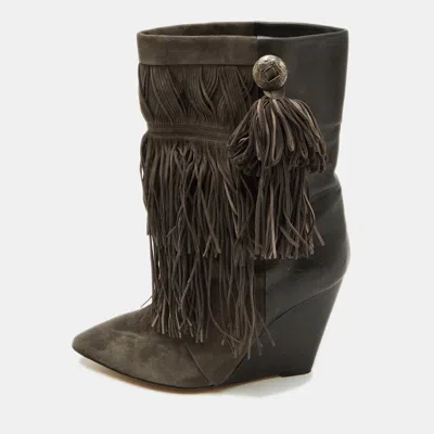 Pre-owned Isabel Marant Dark Grey Suede And Leather Mony Fringe Ankle Wedge Boots Size 39 In Gray