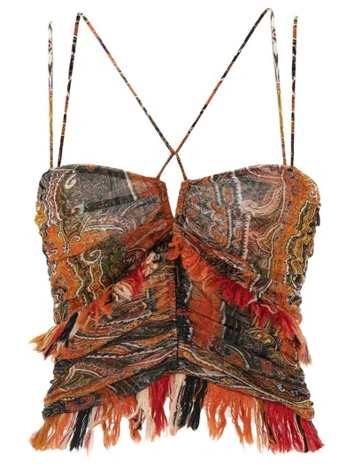 Isabel Marant Printed Cotton Top With Fringe And Cut-out In Orange