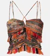 Isabel Marant Printed Cotton Top With Fringe And Cut-out In Orange