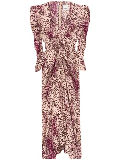 Isabel Marant Deep V-neck Midi Dress With Puffed Sleeves And Abstract Print