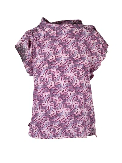 Isabel Marant Delicate Abstract Pattern Silk Stretch Top With Flutter Sleeves In Purple