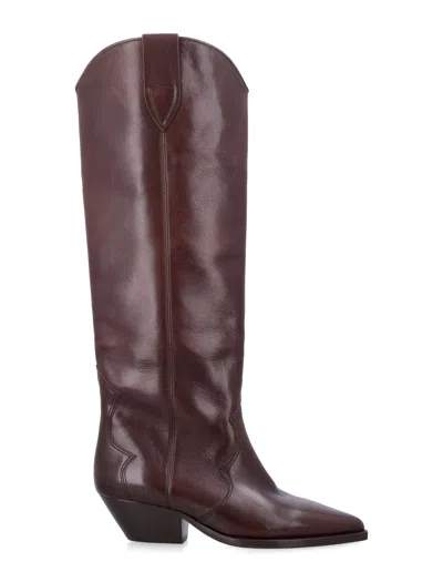 Isabel Marant Denvee Calfskin Western Boots With Pointed Toe And Stacked Cuban Heel In Mahogany