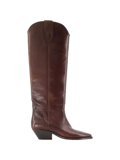 Isabel Marant Denvee Calfskin Western Boots With Pointed Toe And Stacked Cuban Heel In Brown